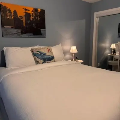 a bedroom with a large white bed with two lamps at Salal Forest - 2 bedroom cabin in the forest in Tofino