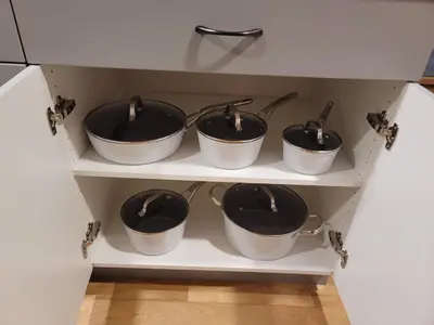 a shelf with four pots and pans at The Suite Treat in Whitehorse