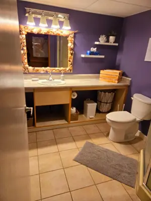 a bathroom with a sink and a mirror and a toilet at Ocean's Edge in Port Alice