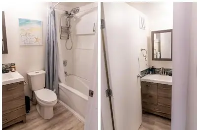 two pictures of a bathroom with a toilet and a sink at High Tide - Waterfront bachelor in Tofino