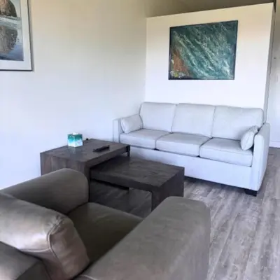 a living room with a couch and a table at High Tide - Waterfront bachelor in Tofino