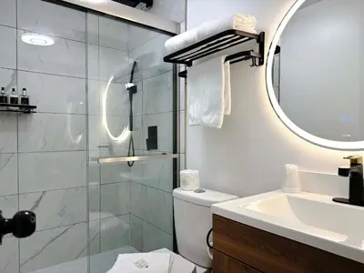 a bathroom with a shower and a toilet and a sink at Departure Bay Motel in Nanaimo