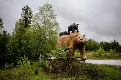a statue of a bear with cats on top of it at River Safari Mountain View Suite in Blue River