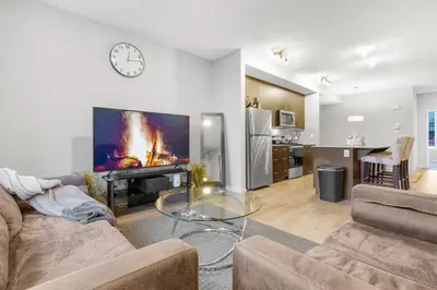 a living room with a couch and a fireplace with a tv at Private Master Bed Room SPRING in Edmonton