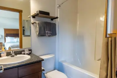 a bathroom with a sink and a toilet and a tub at Newly Renovated Rocky Mountain Canmore Chalet in Canmore