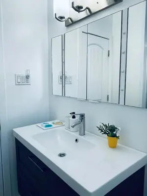a bathroom with a sink and a mirror at Welcome to Shibly's Retreat in Edmonton