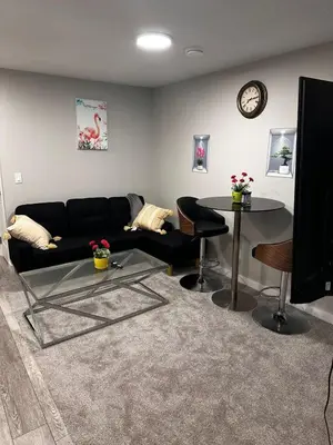 a living room with a black couch and a table at Newly Built 2-Bedroom, 2 full bath Basement Suite in Calgary