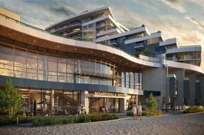 a rendering of a building with people walking in front of it at Beach Lake Resort in Kelowna