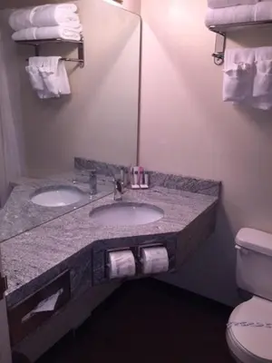 a bathroom with two sinks and a toilet at Stonebridge Hotel in Fort McMurray