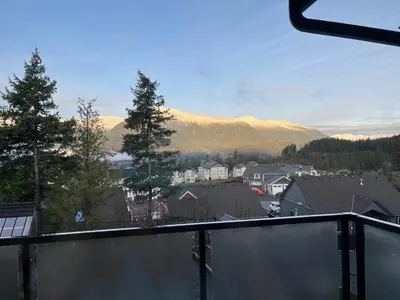 a view of a city with a mountain in the background at Peaks & Waters at Harrison Mills in Agassiz