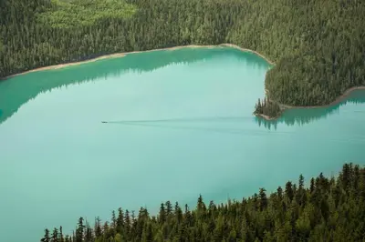 an aerial view of a blue lake with trees at River Safari Eagles Nest in Blue River