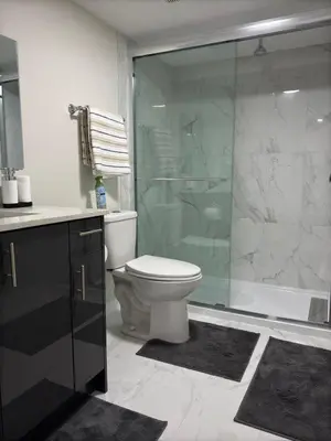 a bathroom with a toilet and a glass shower at DJoshuas place in Edmonton