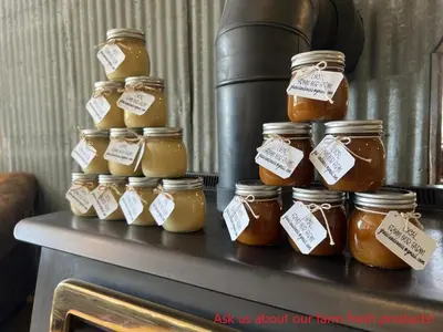 a group of jars of honey on a table at Sagebrush Caboose in Okanagan Falls