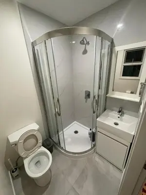 a bathroom with a shower and a toilet and a sink at Lionsbay in Lions Bay