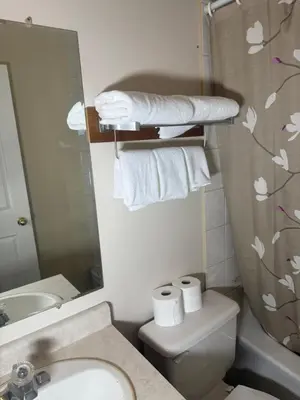 a bathroom with a sink and a toilet and a mirror at Sunrise Motel in Consort