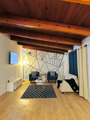a living room with a couch and a tv at P&N Suites - DELUXE KING ROOM- PARIS in Edmonton