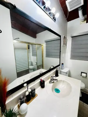 a bathroom with a sink and a large mirror at P and N Suites in Edmonton