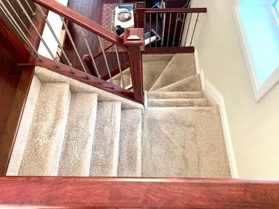 a spiralling staircase with a dog in the background at Spacious 6 beds 3 baths home in Central WiFi parking AC in Edmonton