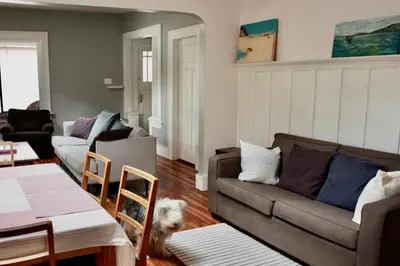 a living room with a couch and a dog in it at Craftsman Home in popular East Village in Vancouver