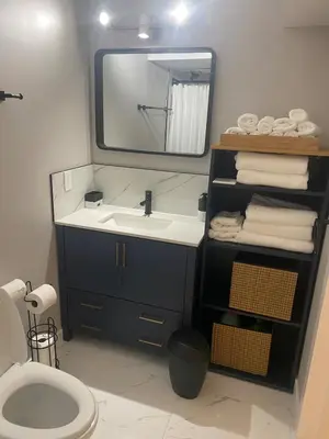 a bathroom with a sink and a mirror and a toilet at Private one Bedroom Suite for Rent in Calgary