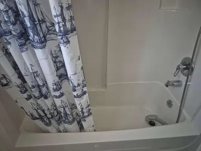 a bathroom with a shower curtain in a bath tub at Meadow Ridge Haven in Maple Ridge District Municipality