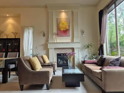 a living room with couches and a fireplace at Meadow Ridge Haven in Maple Ridge District Municipality