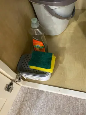 a green cleaning brush and a bottle of cleaner in a drawer at Francis' Home Stay in Calgary