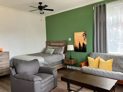 a bedroom with a bed and a couch and a chair at Birch Suite in Golden