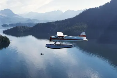 a plane flying over a body of water at Tyee Retreat Cozy Lofted 1 Bedroom Cabin in Ucluelet