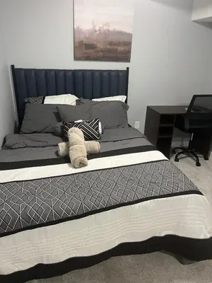 a bed with a black headboard and a desk at Cozy Basement Near Airport YYC in Calgary