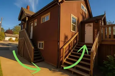 a house with stairs and a green arrow pointing to it at Quaint Attic Suite with Heated Pool Year-Round in Victoria