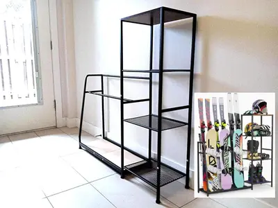 a black shelving unit with skis in a room at D Peaceful Suite in West Vancouver