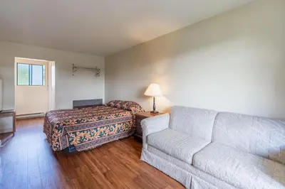 a living room with a couch and a bed at Hotel viewmont in Logan Lake