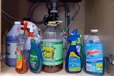 a group of bottles of cleaning products on a counter at Vancouver Cozy Cove in Vancouver