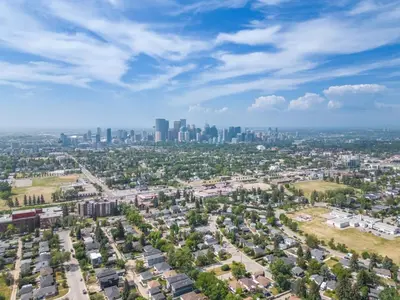 an aerial view of a city with a city skyline at Winston Suite 2BR 1BA - Carriage Suite with Garage in Calgary