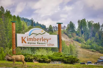 a sign for kimberley alpha resort with a deer in the grass at Mountain Edge Resort Inn by StayIn in Kimberley