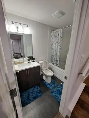 a bathroom with a toilet and a sink and a mirror at Cozy 2 Bedroom Walkout Basement in Calgary