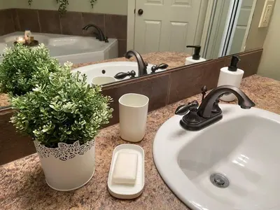a bathroom counter with a sink and a mirror at Relaxing Mountain View Condo in Beautiful Radium in Radium Hot Springs