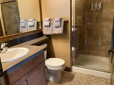 a bathroom with a toilet sink and a shower at Mountain View Retreat in Radium Hot Springs
