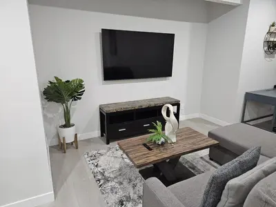 a living room with a tv and a swan on the wall at Brand-New Guesthouse-2bedrooms in Calgary