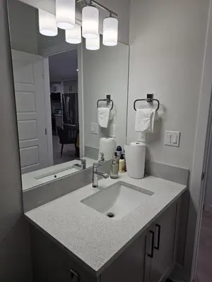 a bathroom with a sink and a large mirror at Brand-New Guesthouse-2bedrooms in Calgary