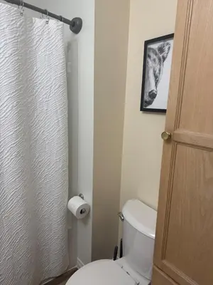 a bathroom with a white toilet and a toilet paper roll at Alpenglow Oasis in Hinton