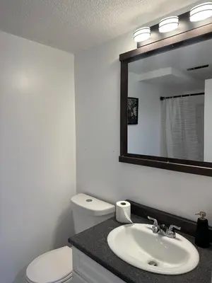 a bathroom with a sink and a toilet and a mirror at 2bedroom, 2bed day light Suite in a nice and secured neighborhood in Prince George