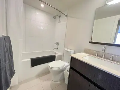 a bathroom with a toilet and a sink and a mirror at Cozy Perfect &elegant 2bed 1 bath in Richmond center in Richmond