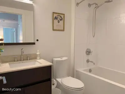 a bathroom with a toilet and a sink and a shower at Cozy Perfect &elegant 2bed 1 bath in Richmond center in Richmond