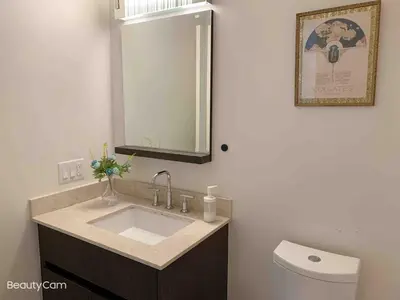 a bathroom with a sink and a toilet and a mirror at Cozy Perfect &elegant 2bed 1 bath in Richmond center in Richmond