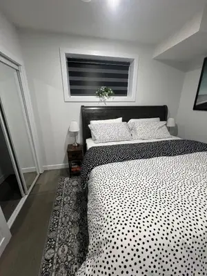 a bedroom with a black and white bed with a window at Comfy & Modern 2 Bedroom Guest Suite with King Bed in Edmonton