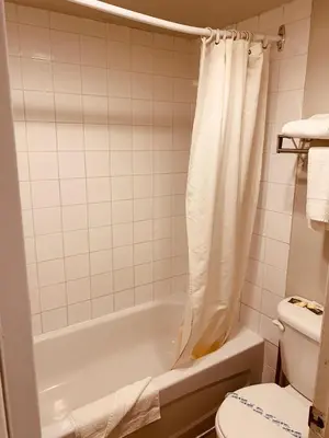 a bathroom with a bath tub and a toilet at Red Carpet Inn & Suites in Calgary