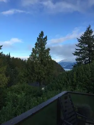 a balcony with a chair and a view of trees at West Vancouver 3 bedroom Spacious Very Well Maintained Close to Ocean Mts Hikes Golf Shopping City Whistler in West Vancouver