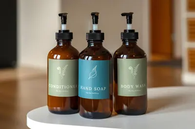 three bottles of hand sanitizer sitting on a table at Tofino Waterfront Condo in Tofino